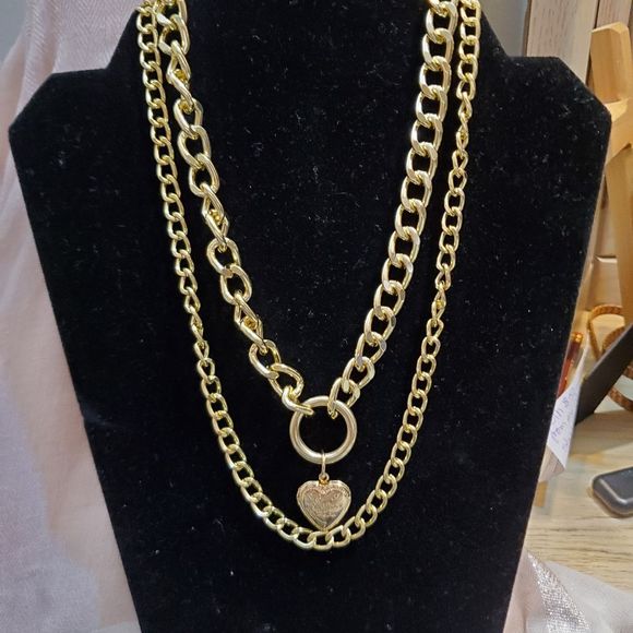 CHUNKY HEART❤ LOCKET DOUBLE CHAIN NECKLACE - Picture 2 of 16